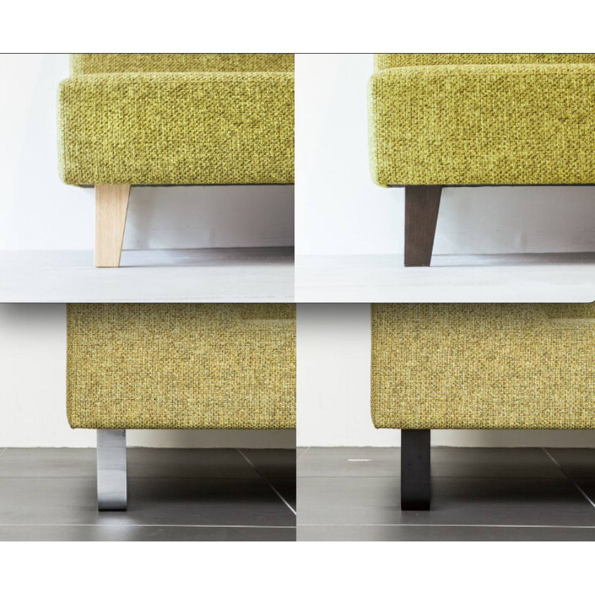 From Top to Bottom, Left to Right: Natural Wood Leg, Dark Brown Leg, Silver Steel Leg, Black Steel Leg