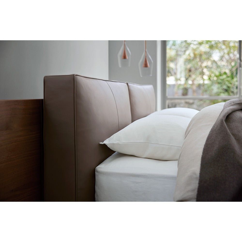 Queen / Greige Leather Cushion + Greige Bed Base + Walnut