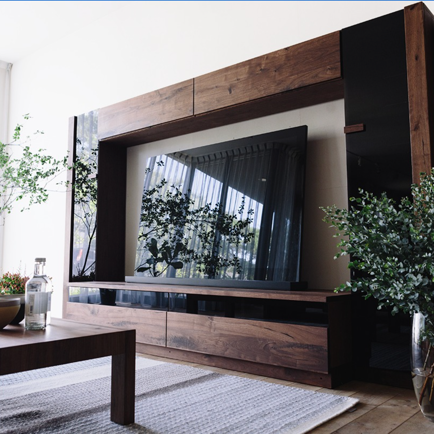 CARAMELLA UNIT TV Board W210 walnut . Glass Door 042 (L) . Flap Board 210 . Glass Door 042 (R) . CARAMELLA Center Table