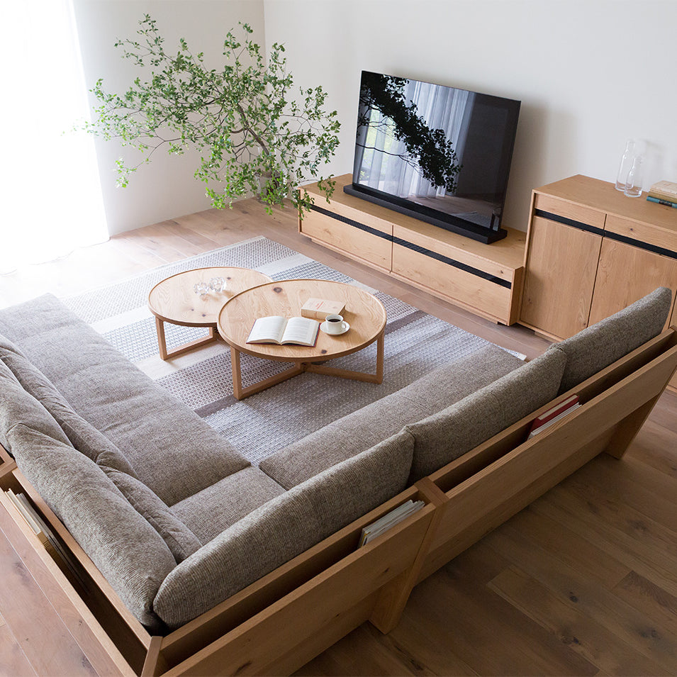 TV BOARD W210 . Oak & LIBERIA SOFA & SPAGO CIRCLE TABLE