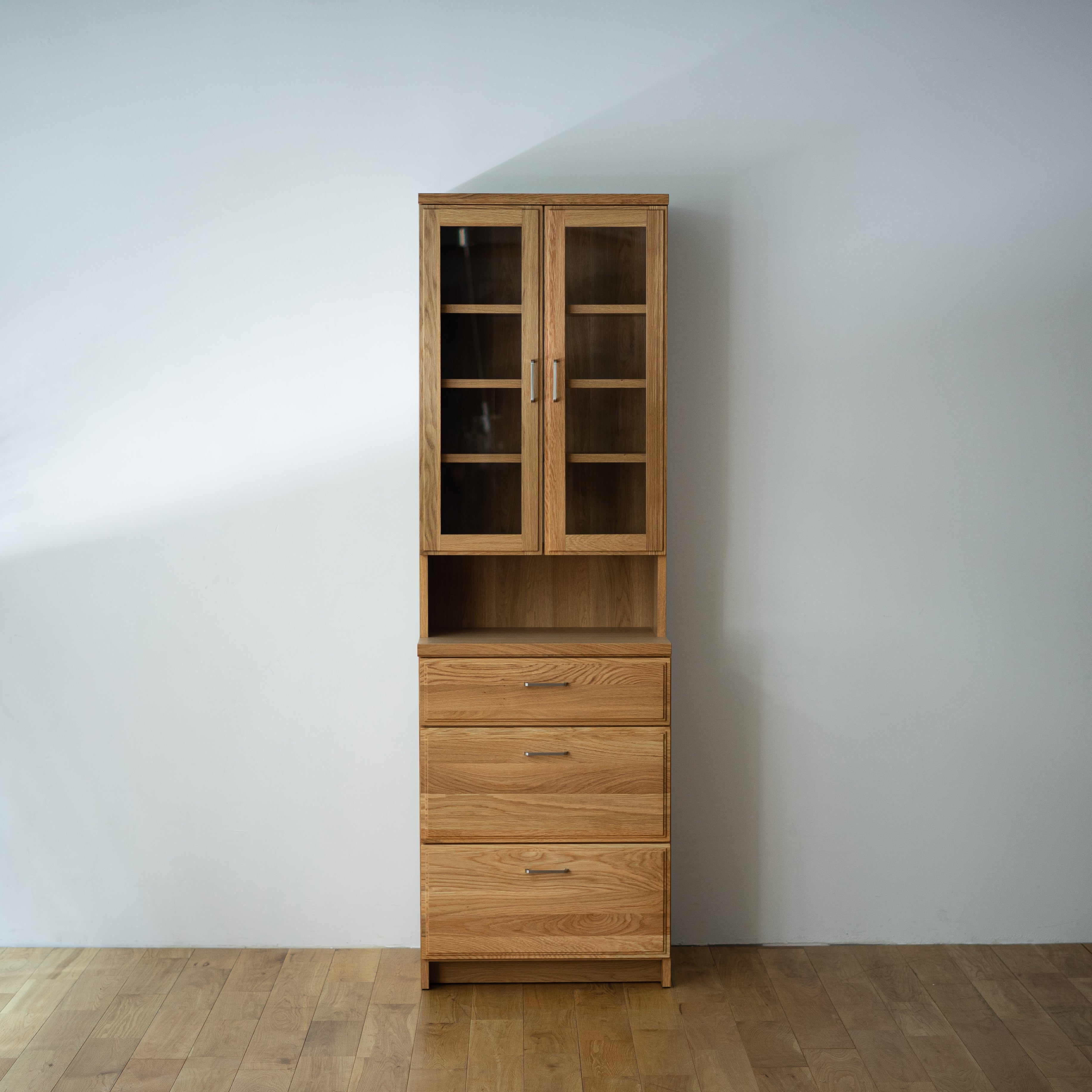 Oak/W60 Open Top/W60 Drawer Bottom/Clear Glass/Silver Handle