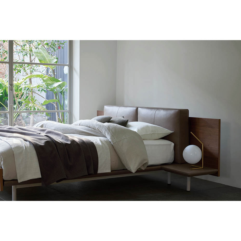 Queen / Greige Leather Cushion + Greige Bed Base + Walnut / with Night Stand (extra items)