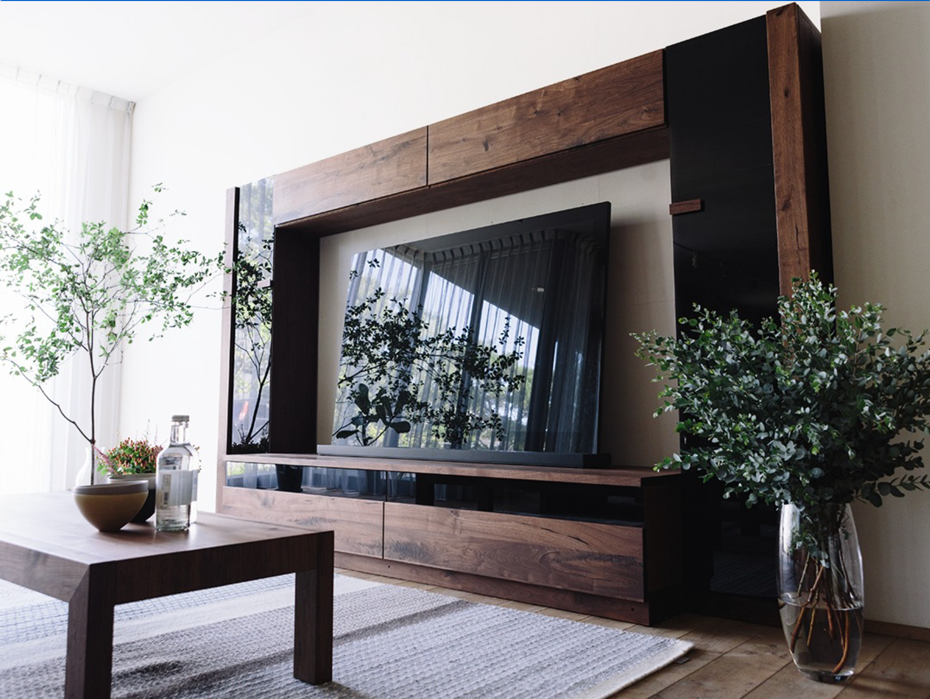 CARAMELLA UNIT TV Board W210 walnut . Glass Door 042 (L) . Flap Board 210 . Glass Door 042 (R) . CARAMELLA Center Table