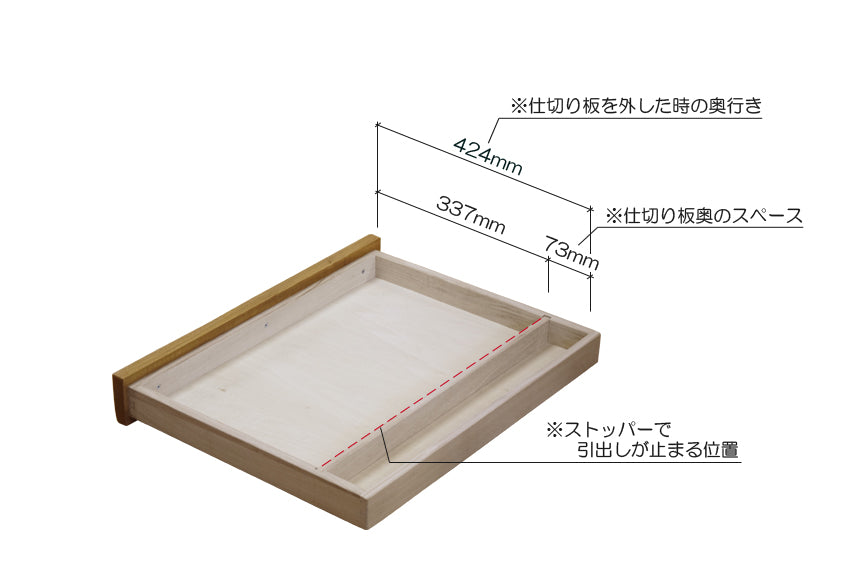 A structure with deep depth and double facing plates. The desk itself has a drawer stopper, so even if you pull it all the way out, it will stop at the front partition plate. By leaving space at the back of the drawer, the load on the drawer is reduced and the structure is less likely to break.