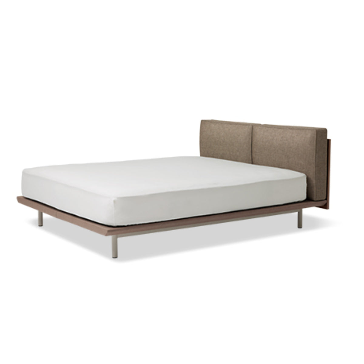 Queen / Brown Fabric Cushion + Greige Bed Base + Walnut